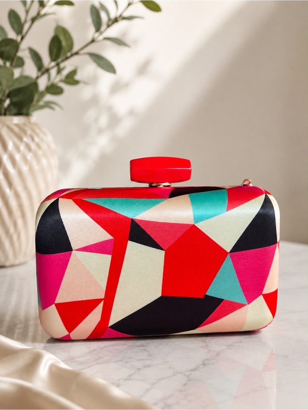 Colorblock Geometric Hardcase Clutch - Red & Multicolor